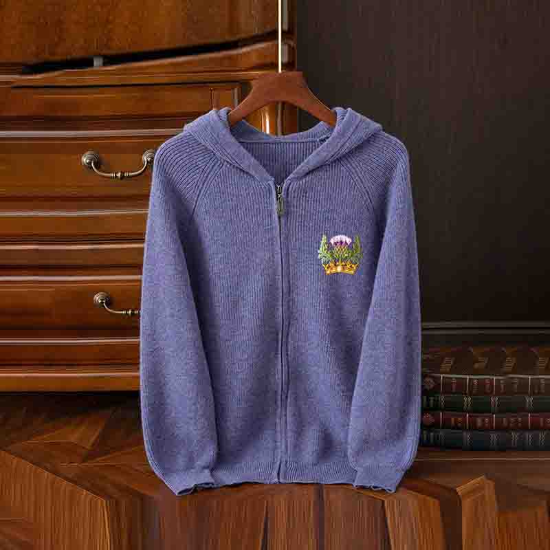 Vintage Scottish Thistle Embroidery Cozy Zipper Hooded Sweater elevenforest