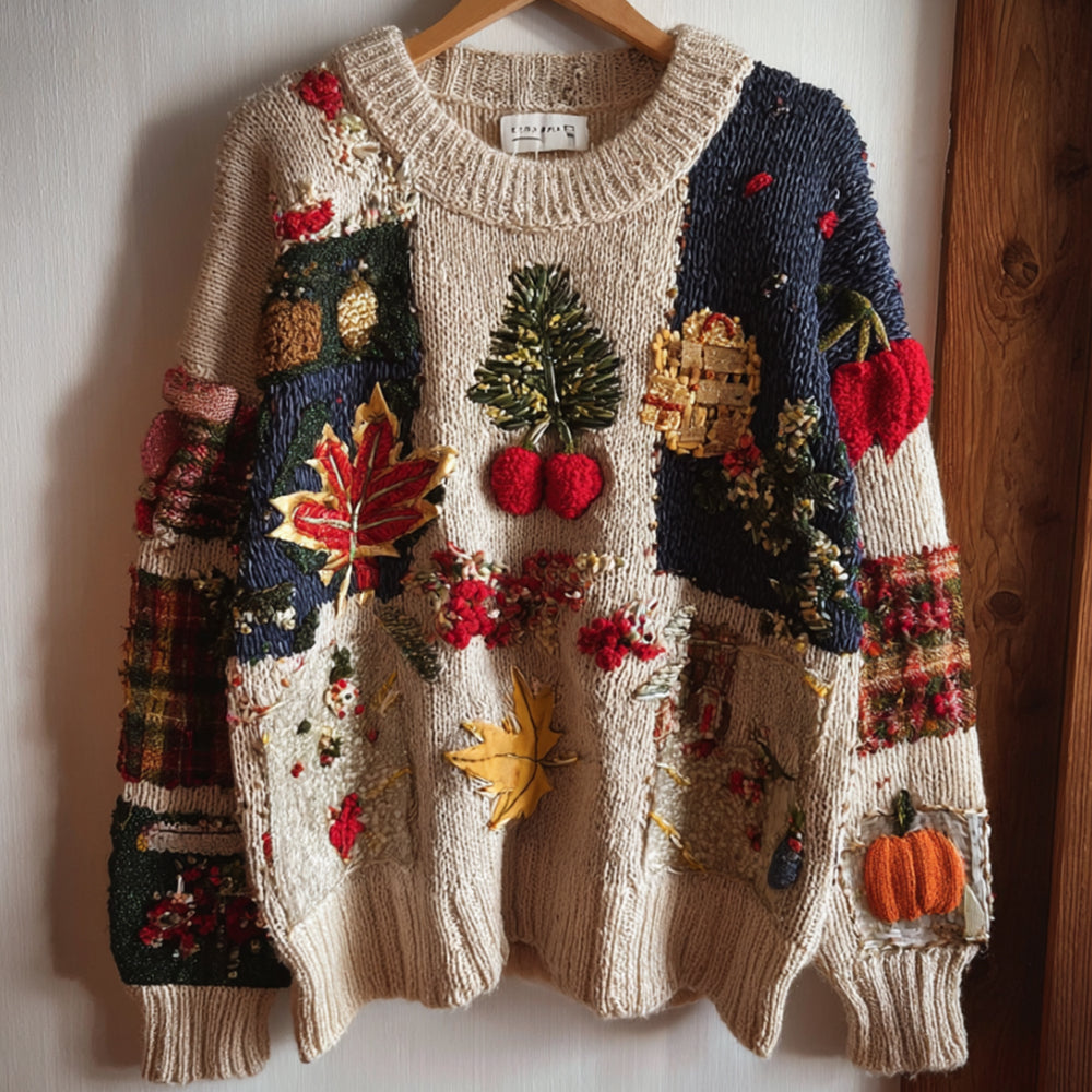Thanksgiving Plant Flower Splicing Autumn/winter Round Neck Sweater artswardrobe