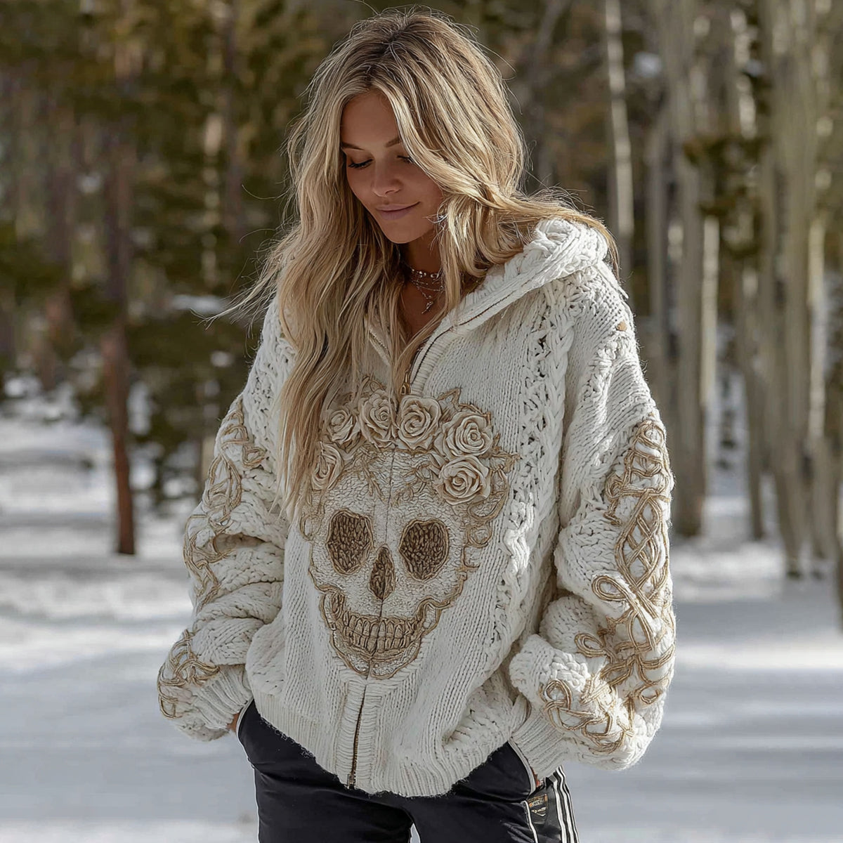 Women's White Rose Skull Comfortable Loose Solid Color Zip Sweater Cardigan artswardrobe