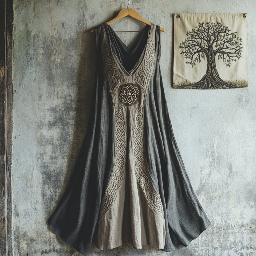 Vintage Viking Celtic Knot Art Linen V-neck Dre Ss artswardrobe
