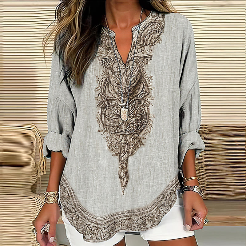 Women's Vintage Viking Wolf Art Print Linen Shirt artswardrobe