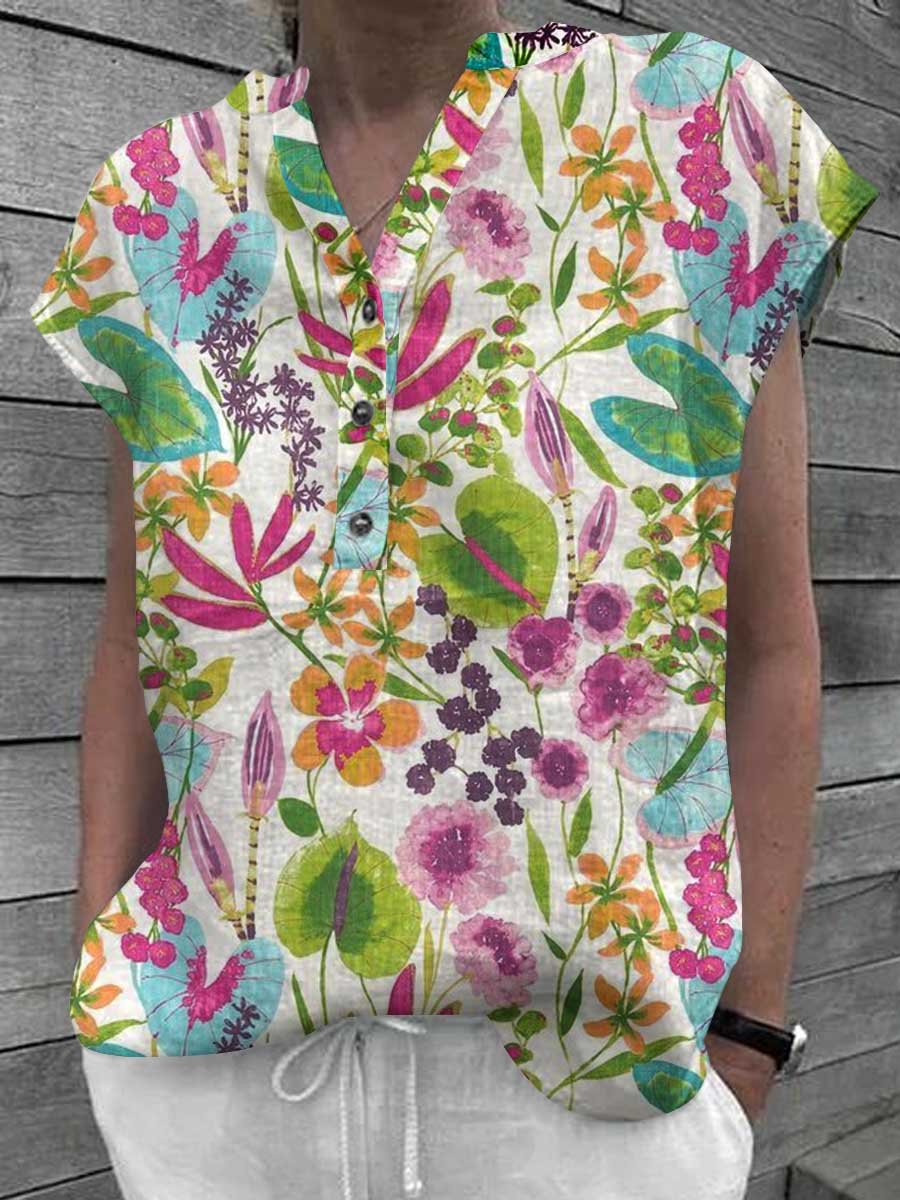 Women's Elegant Floral Classic Cotton and Linen Top