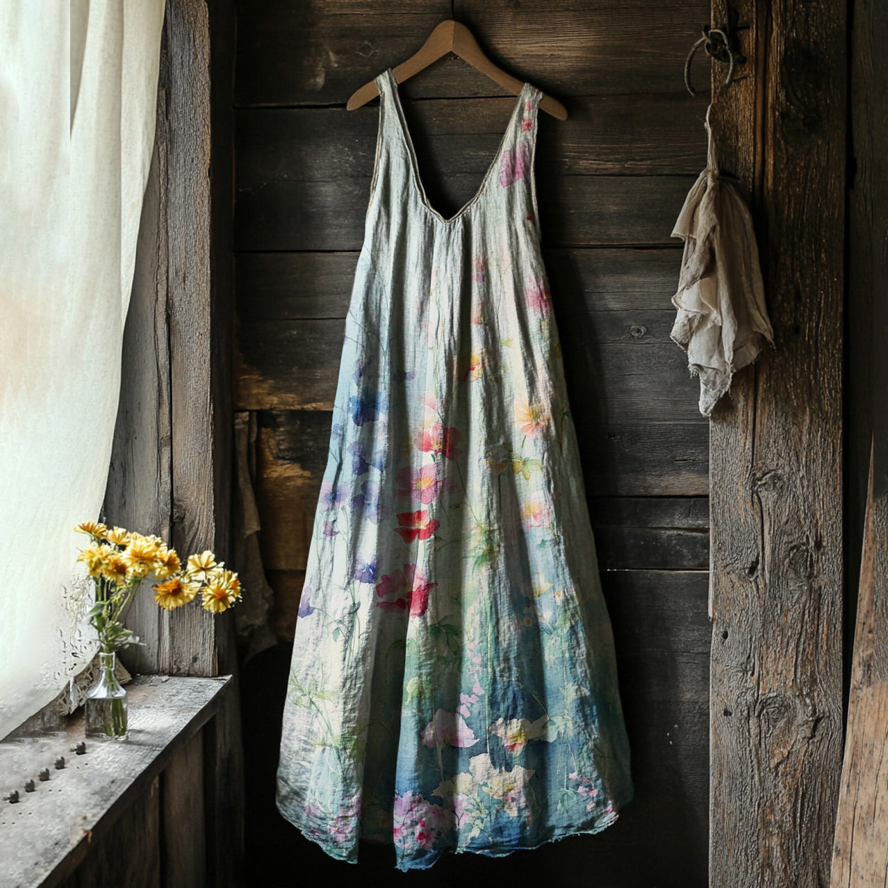 Vintage Floral Painting Art Linen Comfy Tank Dress artswardrobe