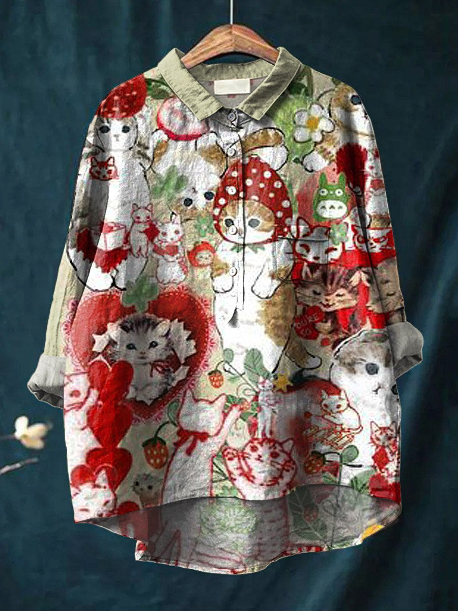 Vintage Lovely Cat Strawberry Art Print Casual Cotton And Linen Shirt