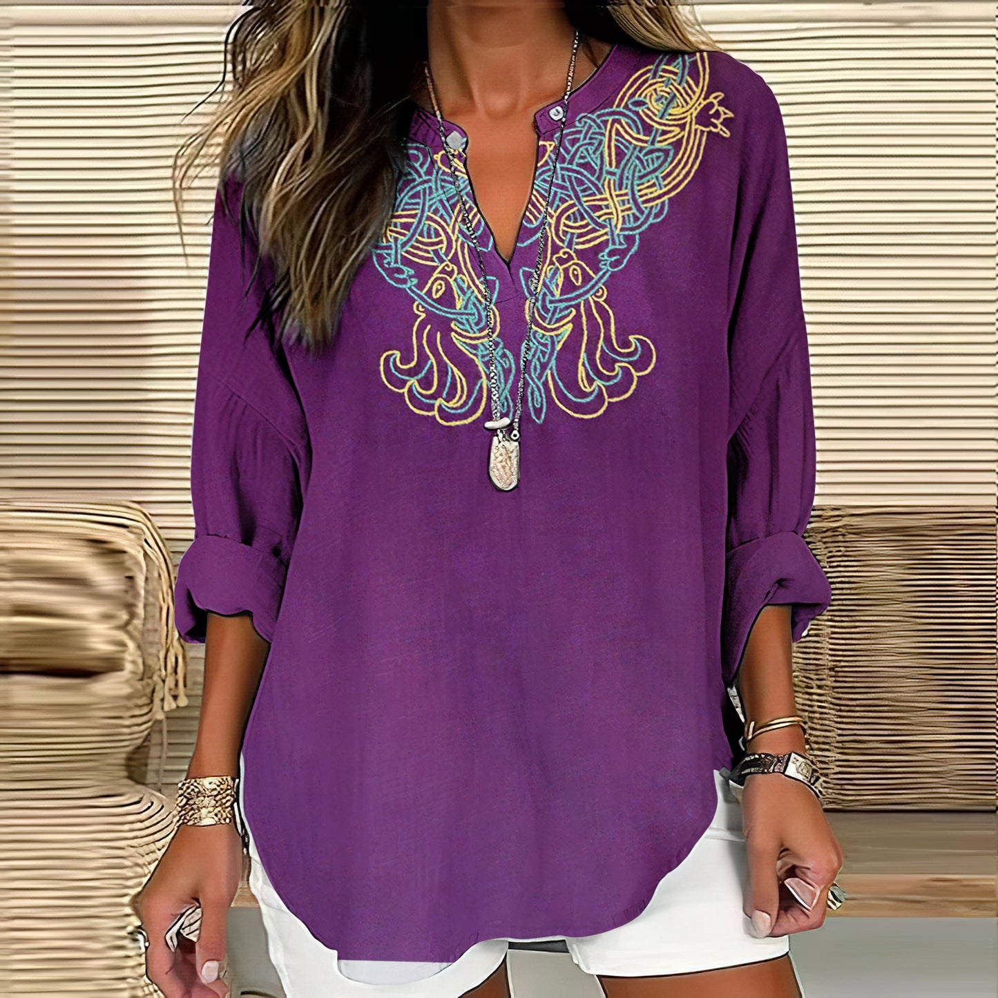 Comstylish Women's Viking Art Linen Print Casual Shirt