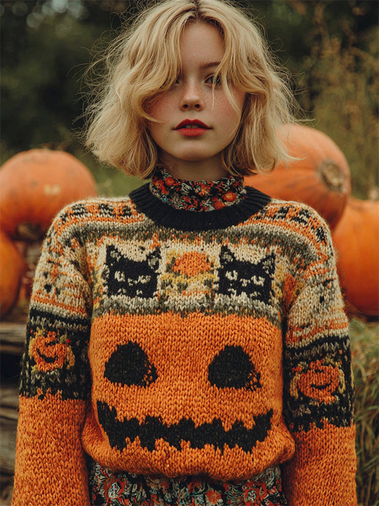 Vintage Halloween Cats & Pumpkin Face Isle Pattern Cozy Knit Sweater artswardrobe