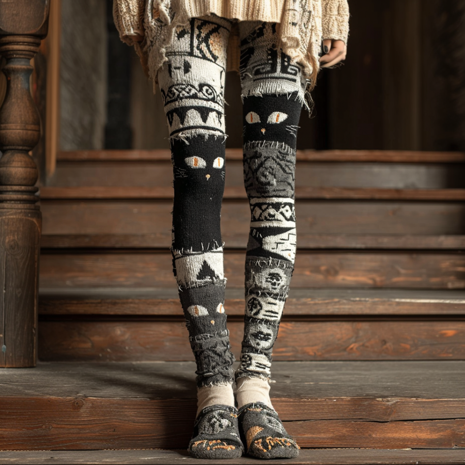 Comstylish Halloween Fun Cat Design Women's Knitted Leggings