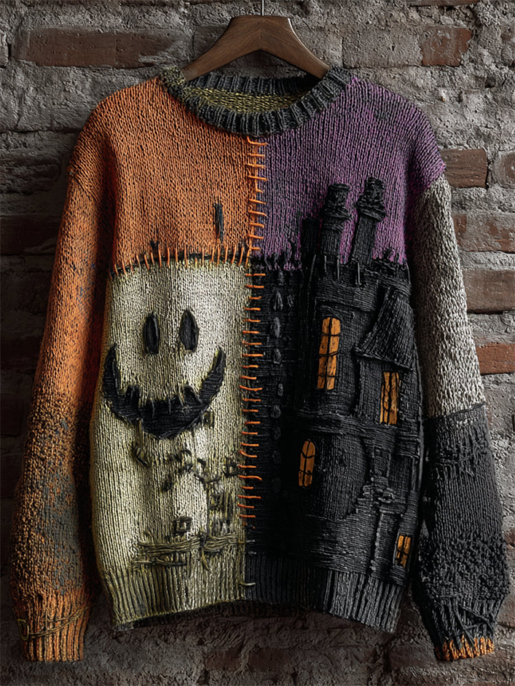 Halloween Spooky Face & Castle Colorblock Stitched Cozy Knit Cardigan elevenforest