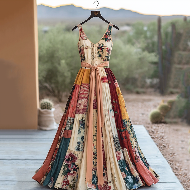 Vintage Floral Patchwork Art Pattern Art Linen Tank Midi Dress artswardrobe