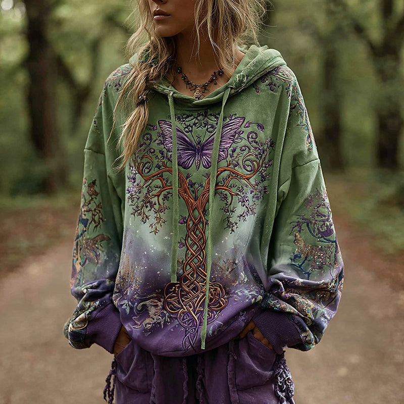 Women's Vintage Viking Celtic Knot Tree Of Life Gradient Hoodie artswardrobe