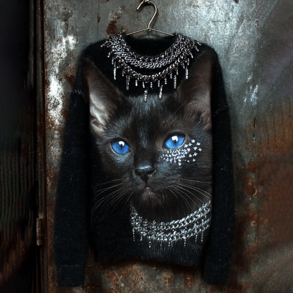 Comstylish Black Cat Wearing Necklace Warm Round Neck Sweater