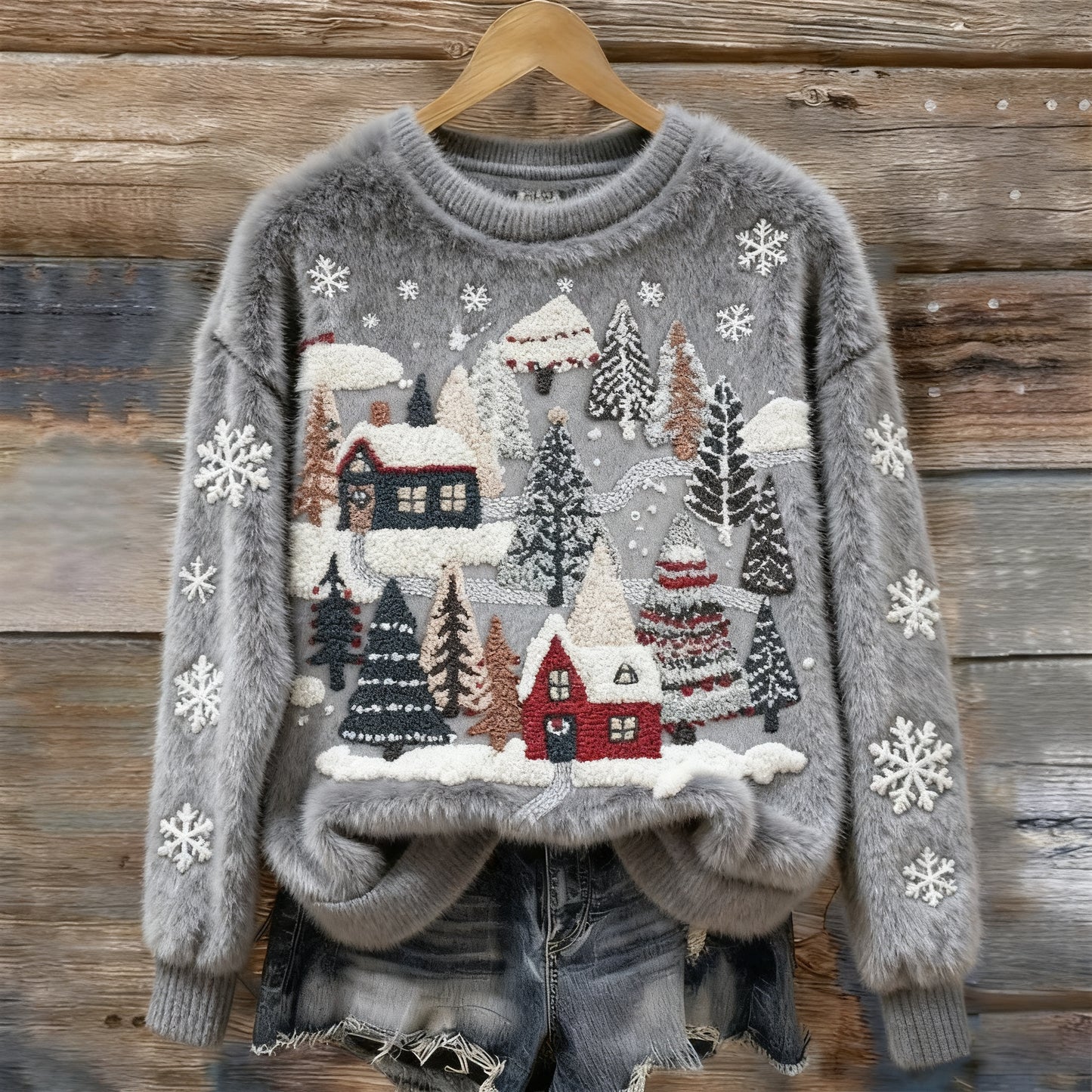 Women's Christmas Snow Scene Embroidery Cozy Plush Sweater