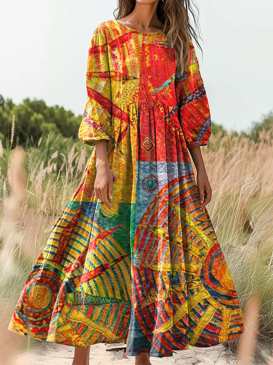 Women's Colorful Sun Collage Art Print Flowy Cotton Crew Neck Dress