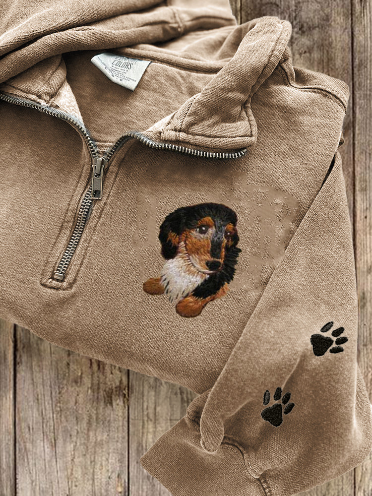 Comstylish Lovely Dachshund Dog Embroidered Zip Up Sweatshirt