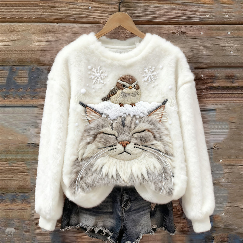 Comstylish Bird & Cat In The Snow Embroidered Cozy Plush Sweatshirt