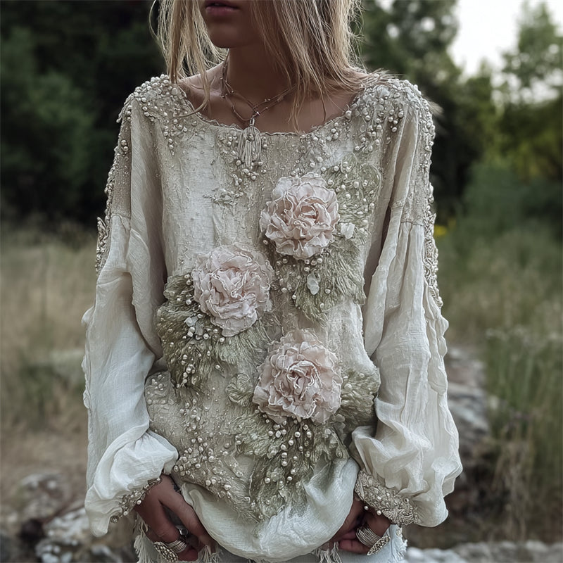 Comstylish Vintage Pink Flowers Fiber Art Beaded Flowy Linen Tunic