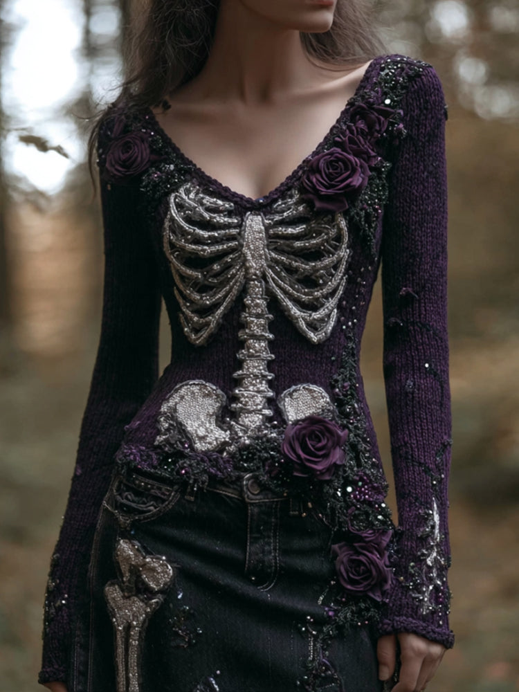 Women's Halloween Skeleton Withered Rose Purple V-neck Sweater artswardrobe