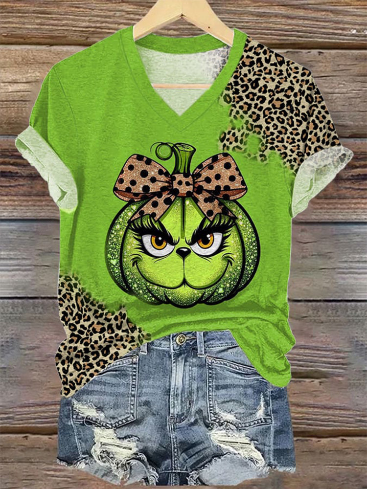 Women's Leopard Pumpkin Print V Neck T-shirt artswardrobe