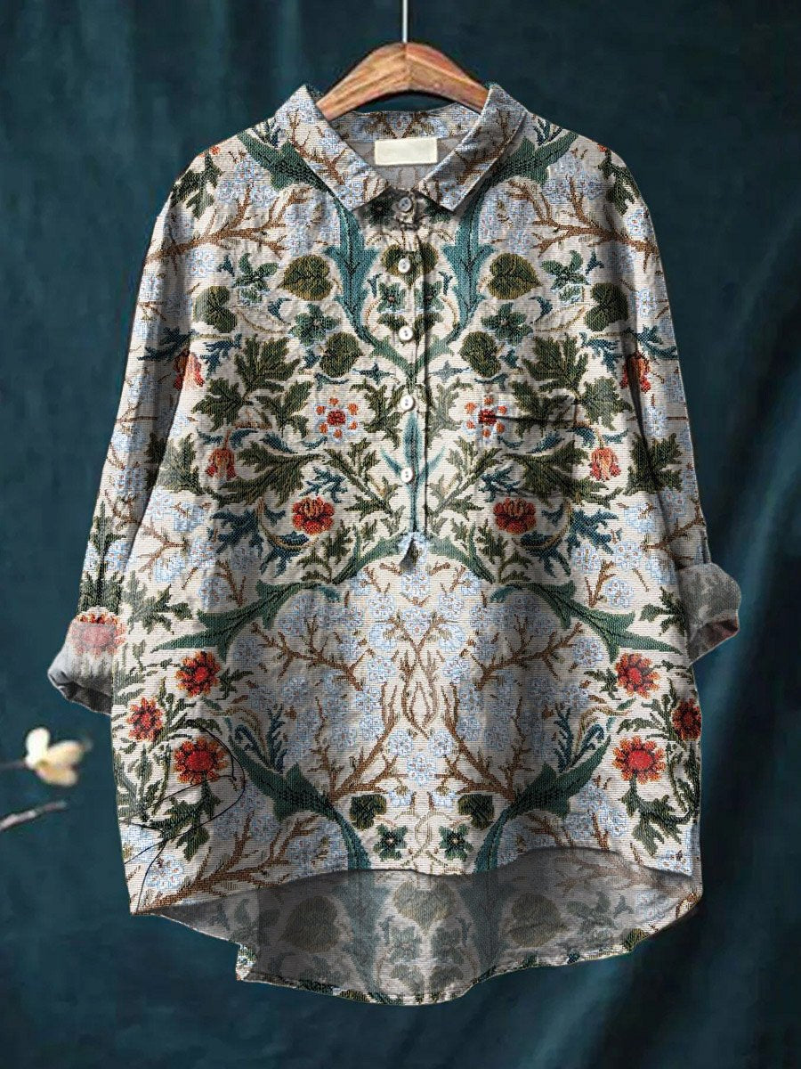 Vintage Floral Art Print Casual Cotton And Linen Shirt