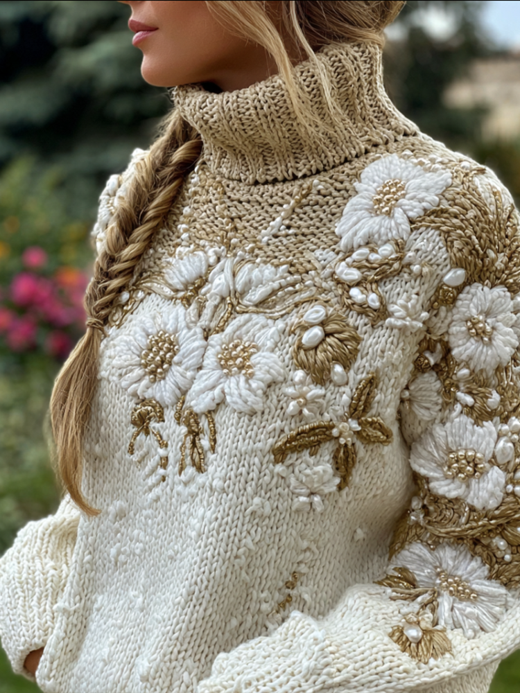 Women's Autumn And Winter Meillard Style And Bohemian Style Plant Flower Embroidery High Neck Thick Sweater artswardrobe