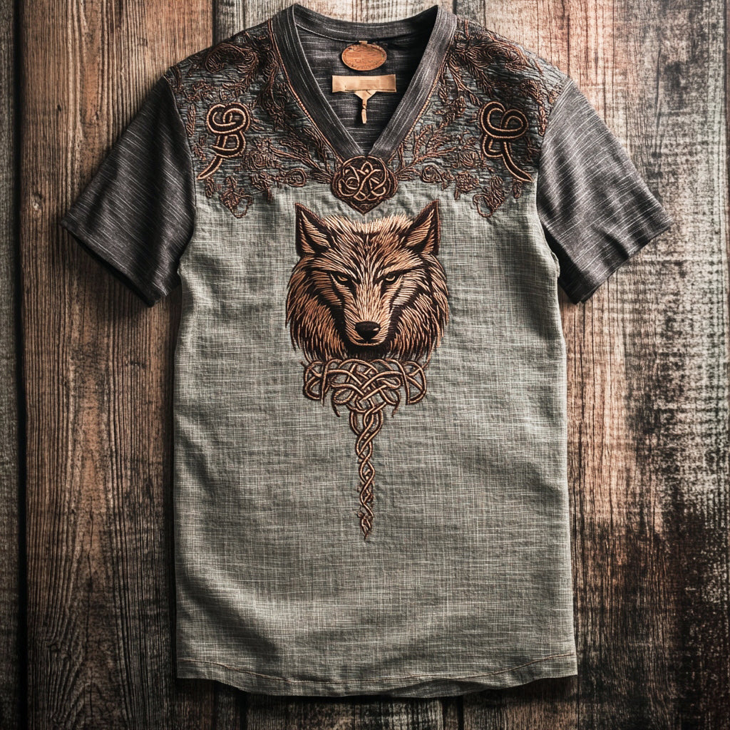 Men's Viking Celtic Wolf Embroidery V Neck Linen T Shirt artswardrobe