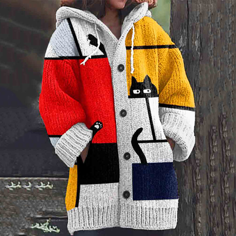 Abstract Colorblock Mondrian Cat Art Pattern Cozy Cardigan Sweater elevenforest