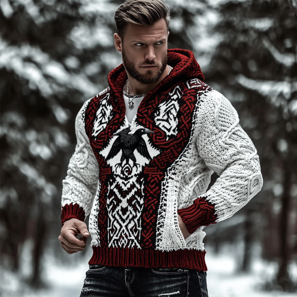 Vintage Viking Raven Rune Knit Jacquard Hooded Sweater elevenforest