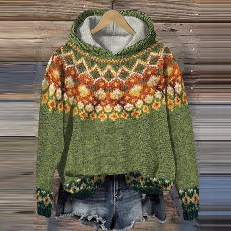 Iceland Geometric Diamond Contrast Jacquard Hooded Sweater elevenforest