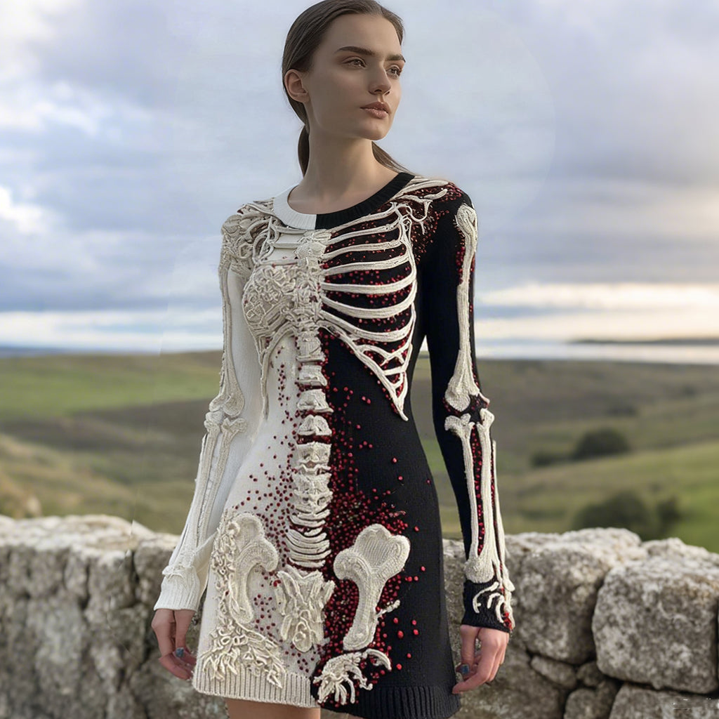 Women's Halloween Anatomy Art Colorblock Knit Crew Neck Sweater Dress artswardrobe