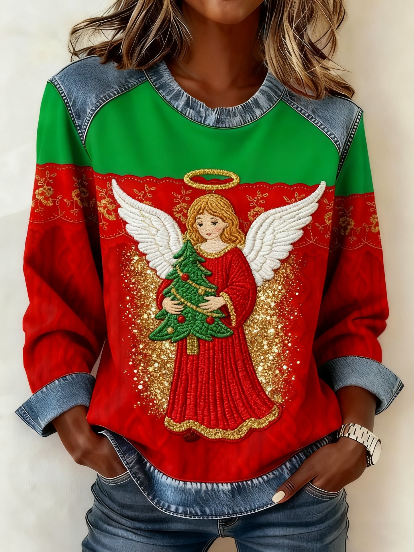 Women's Christmas Casual Lapel Denim Patchwork Pullover Sweatshirt