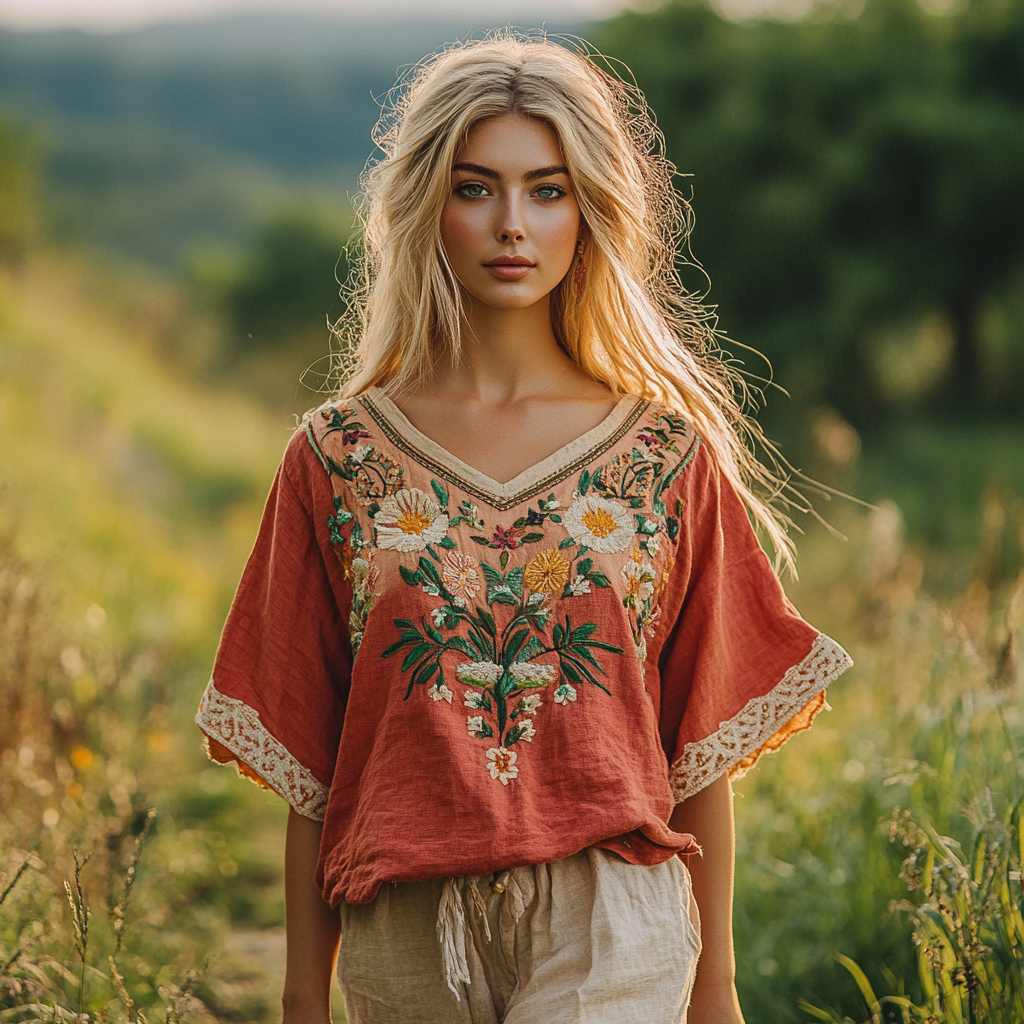 Vintage Bohemian Floral Gradient Cotton And Linen T-shirt artswardrobe
