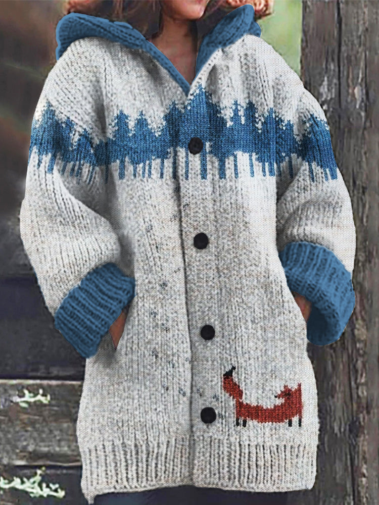 Forest Fox Pattern Women's Hooded Sweater Cardigan artswardrobe