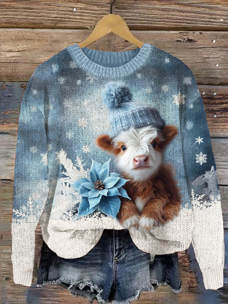 Christmas Highland Cow Snow Contrast Cozy Knit Sweater artswardrobe