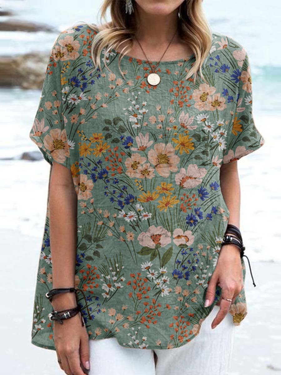 Women's Elegant Retro Floral Pattern Round Neck Cotton and Linen Top