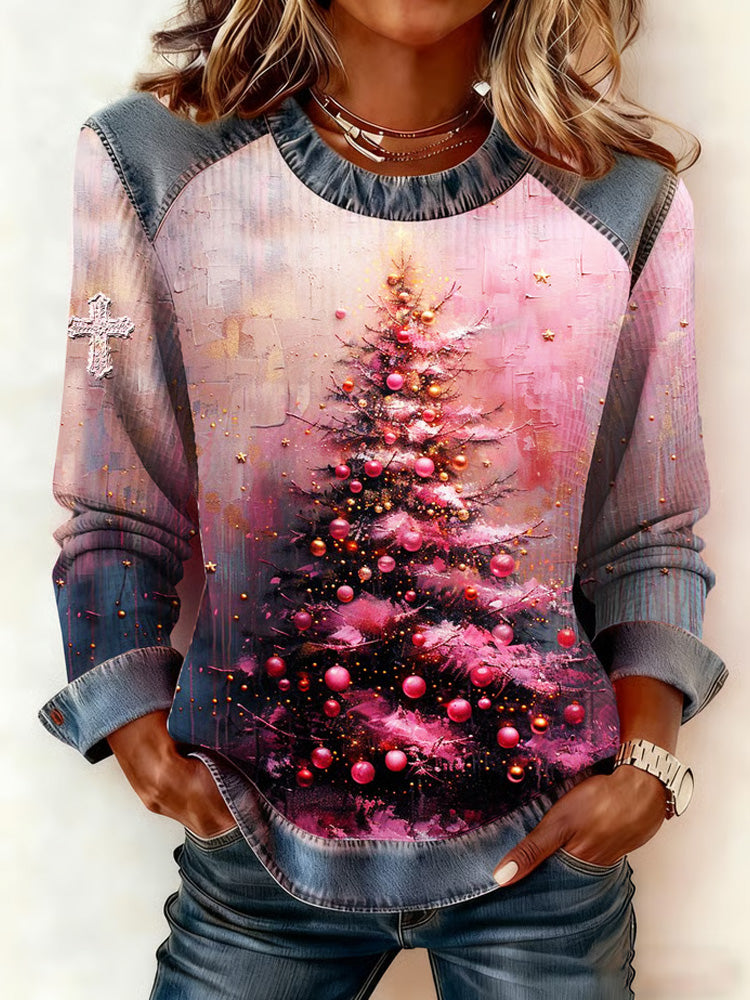 Comstylish Women's Christmas Print Faux Denim Top For Winter