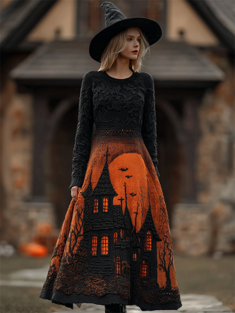 Halloween Night Castle Contrast Gradient Cozy Maxi Sweater Dress artswardrobe