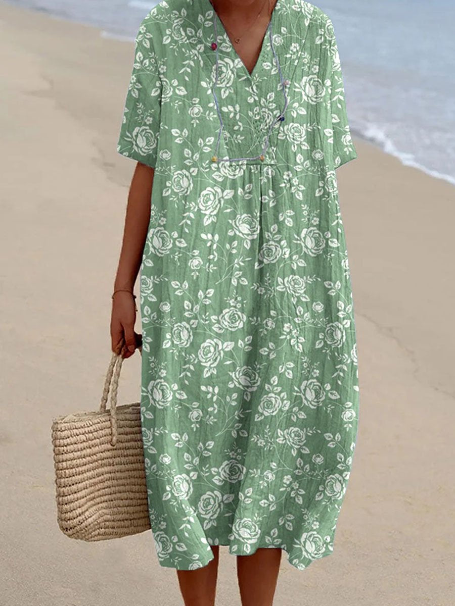 Women's Resort Style Rose Pattern Cotton And Linen V-Neck Dress