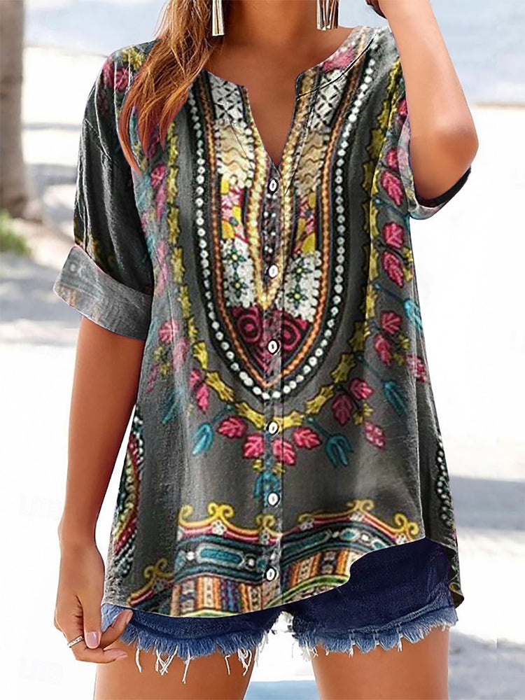 Women's Vintage Bohemian Floral Art Print Casual Cotton And Linen Shir