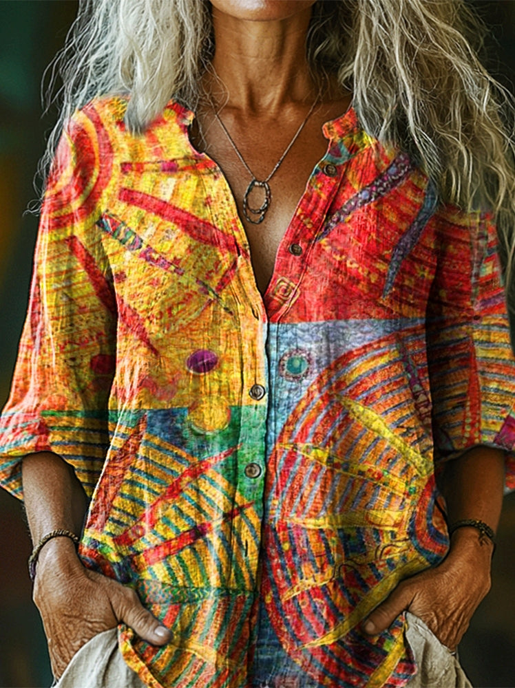 Women's Bohemian Sun Collage Art Pattern Print Casual Cotton Linen Shi