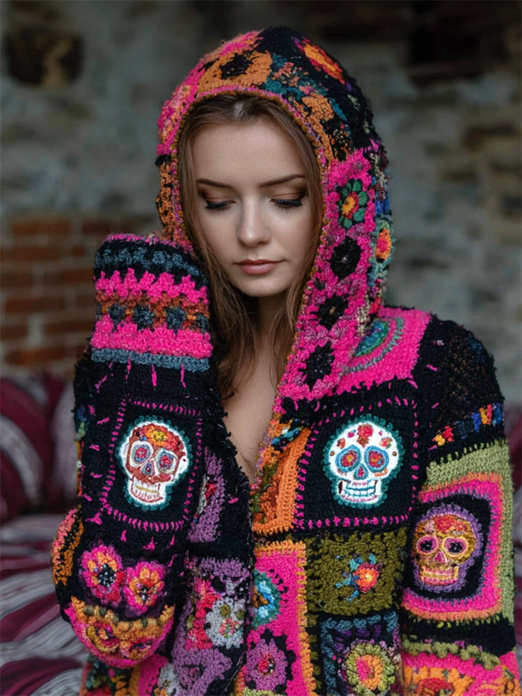 Day Of The Dead Sugar Skulls Floral Colorblock Crochet Cozy Hooded Cardigan artswardrobe
