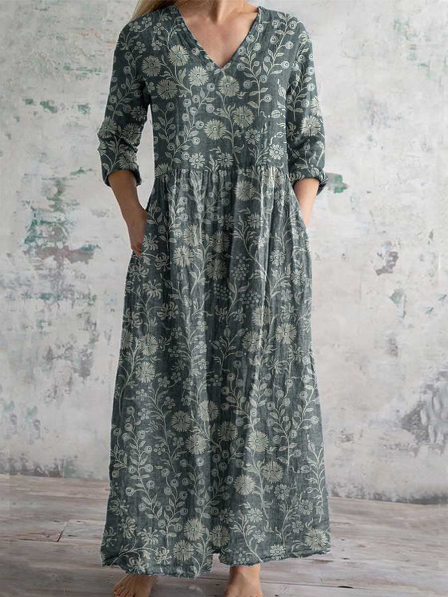 Women's Elegant Floral Pattern V-Neck Cotton Dress