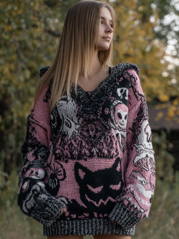 Women's Vintage Halloween Black Cat Knit Hoodie Sweater artswardrobe