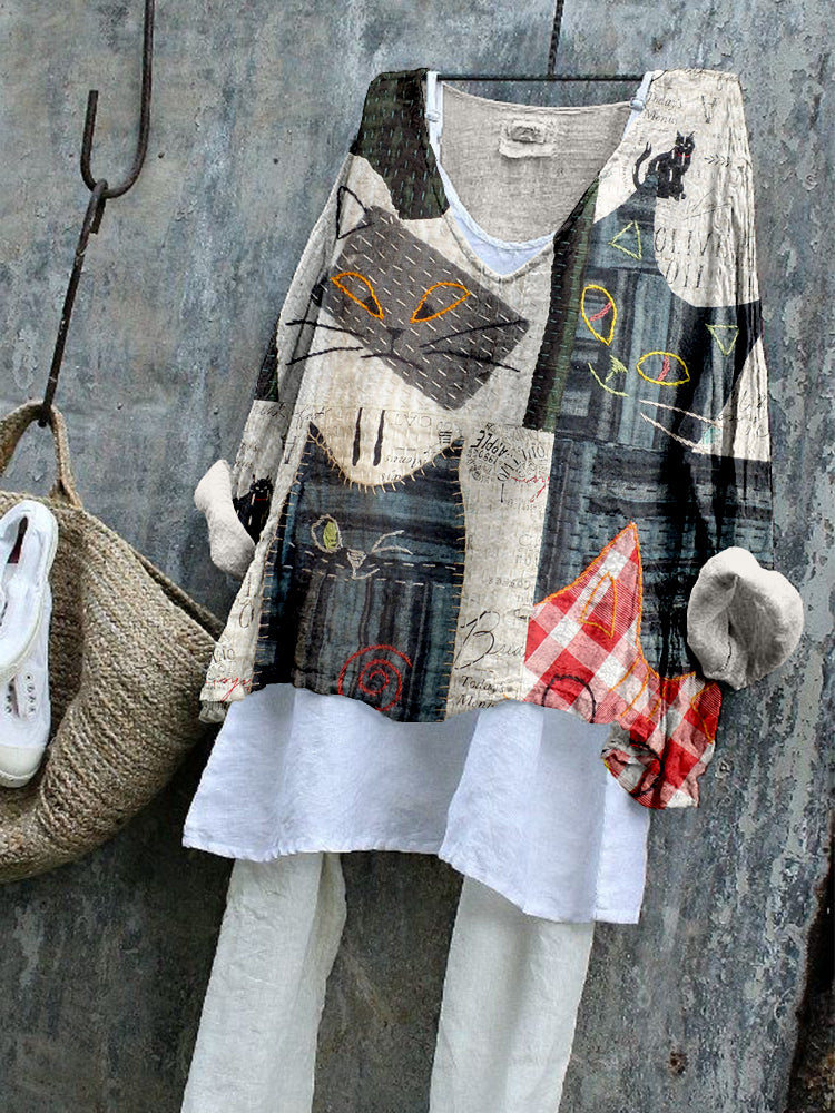 Cute Cat Japanese Art Patchwork Linen Blend Tunic elevenforest