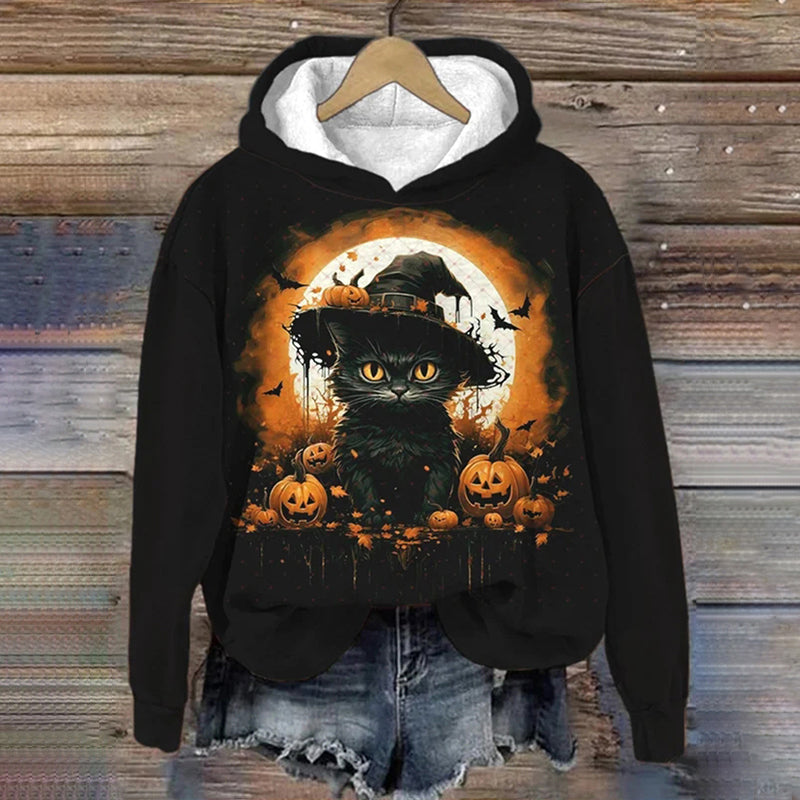 Halloween Black Cat Pumpkin Print Casual Hoodie elevenforest