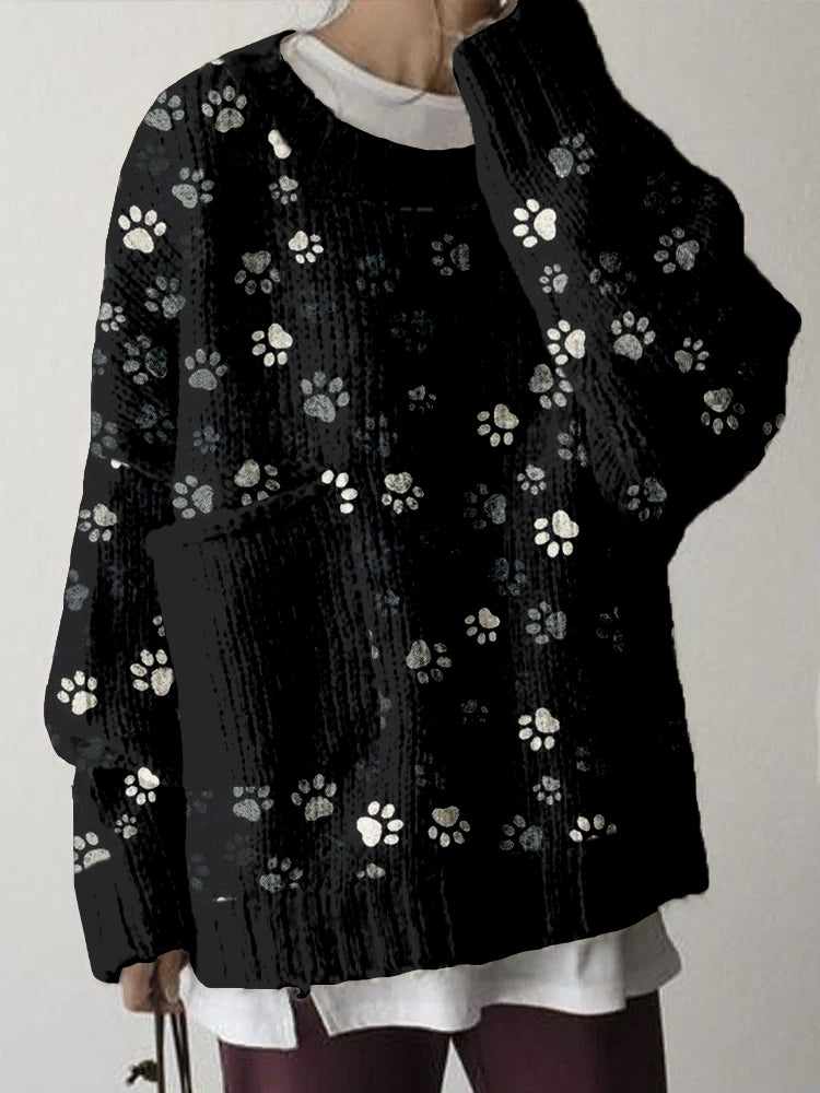 Lovely Cat Paws Graphic Big Pocket Cozy Sweater elevenforest