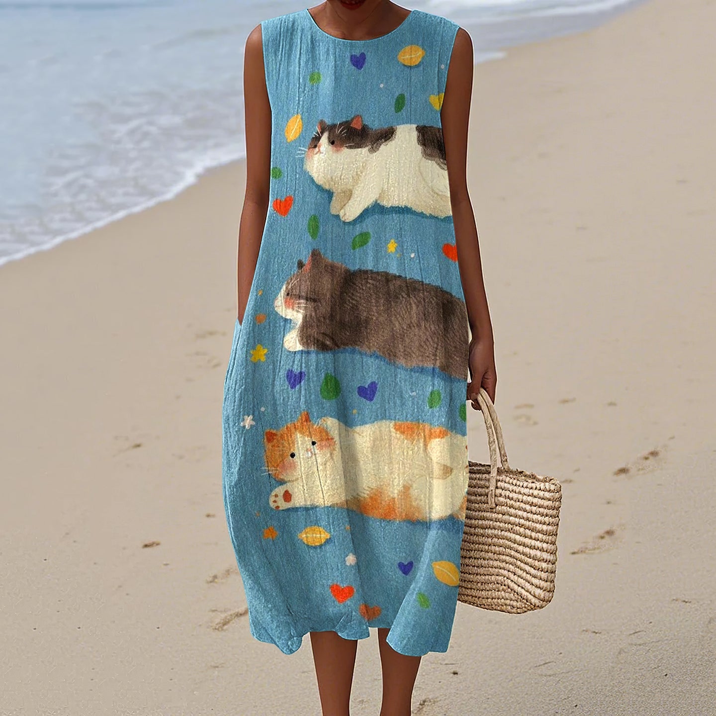 Women's Cute Cat Art Print Linen Tank Midi Dress elevenforest