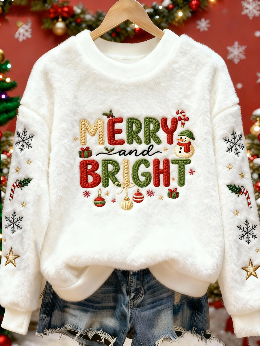 Women's Faux Yarn Merry and Bright Christmas Print Flannel Hoodie