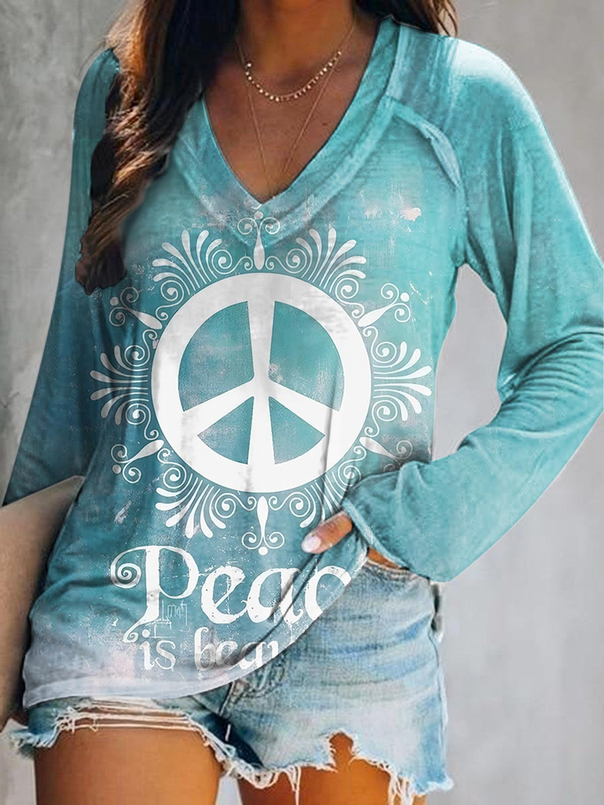 Women's Hippie Peace is Pretty Printed Casual V-Neck Long Sleeve T-Shi