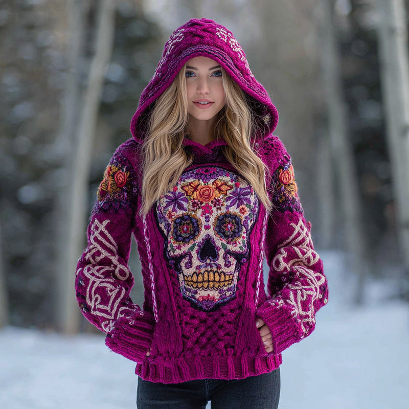 Women's Vintage Tribal Celtic Skull Art Knit Hooded Sweater artswardrobe