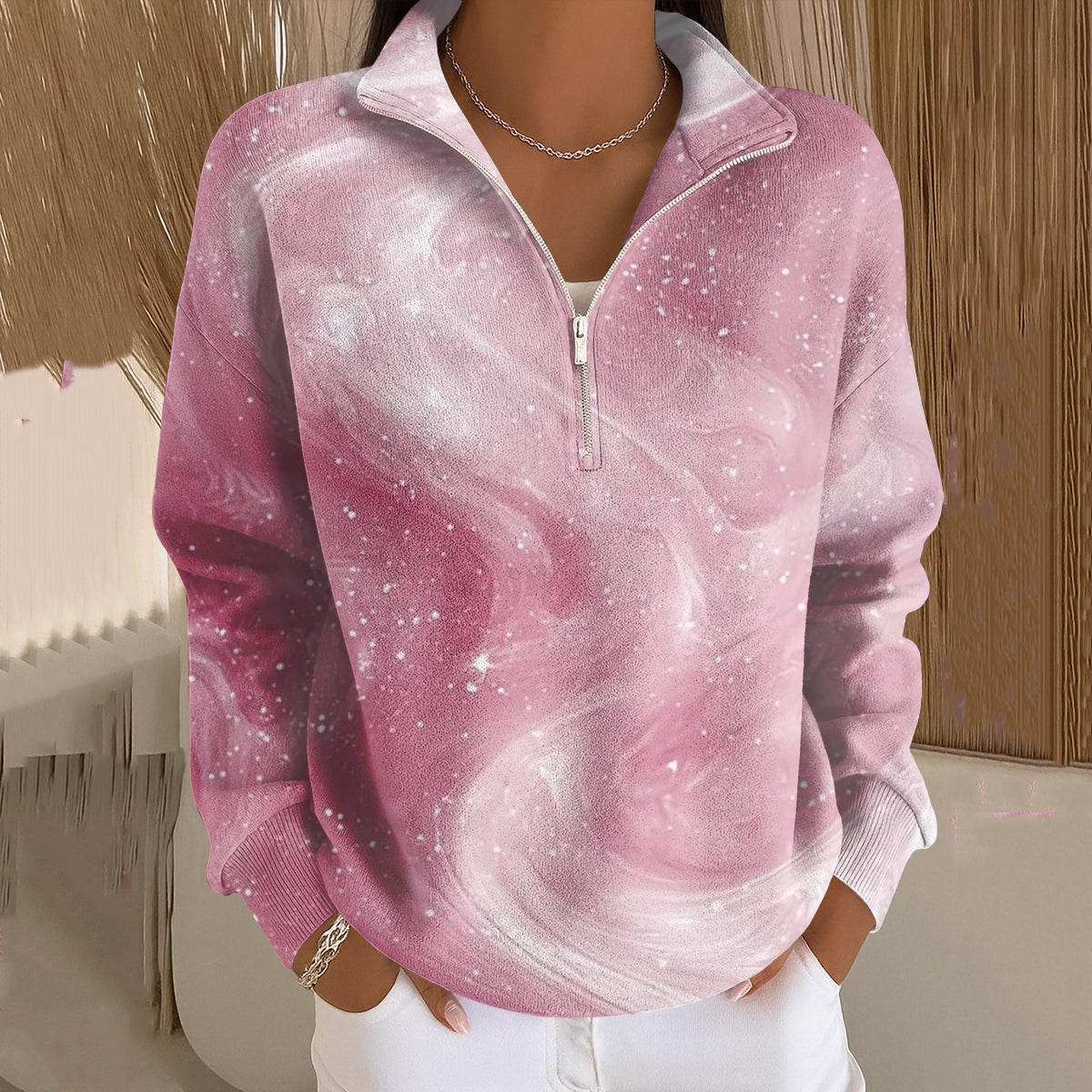 Women's Pink Quicksand Pattern Casual Zipper Knit Sweater artswardrobe